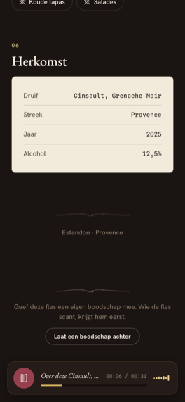 Herkomstkaart met druif, streek, jaar en alcoholpercentage