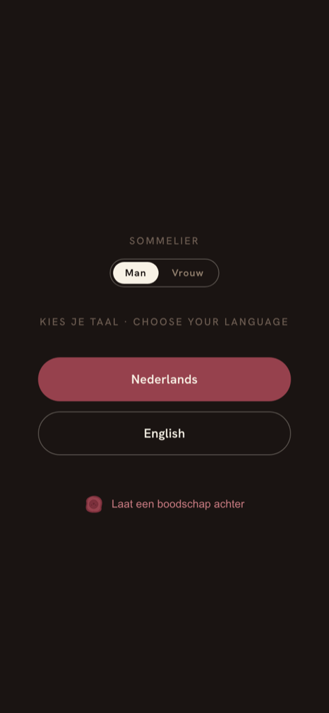 Keuzescherm voor taal en sommelier bij de eerste scan