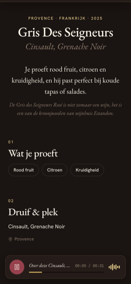 Wijnpagina met smaakprofiel: wat je proeft, druif en plek