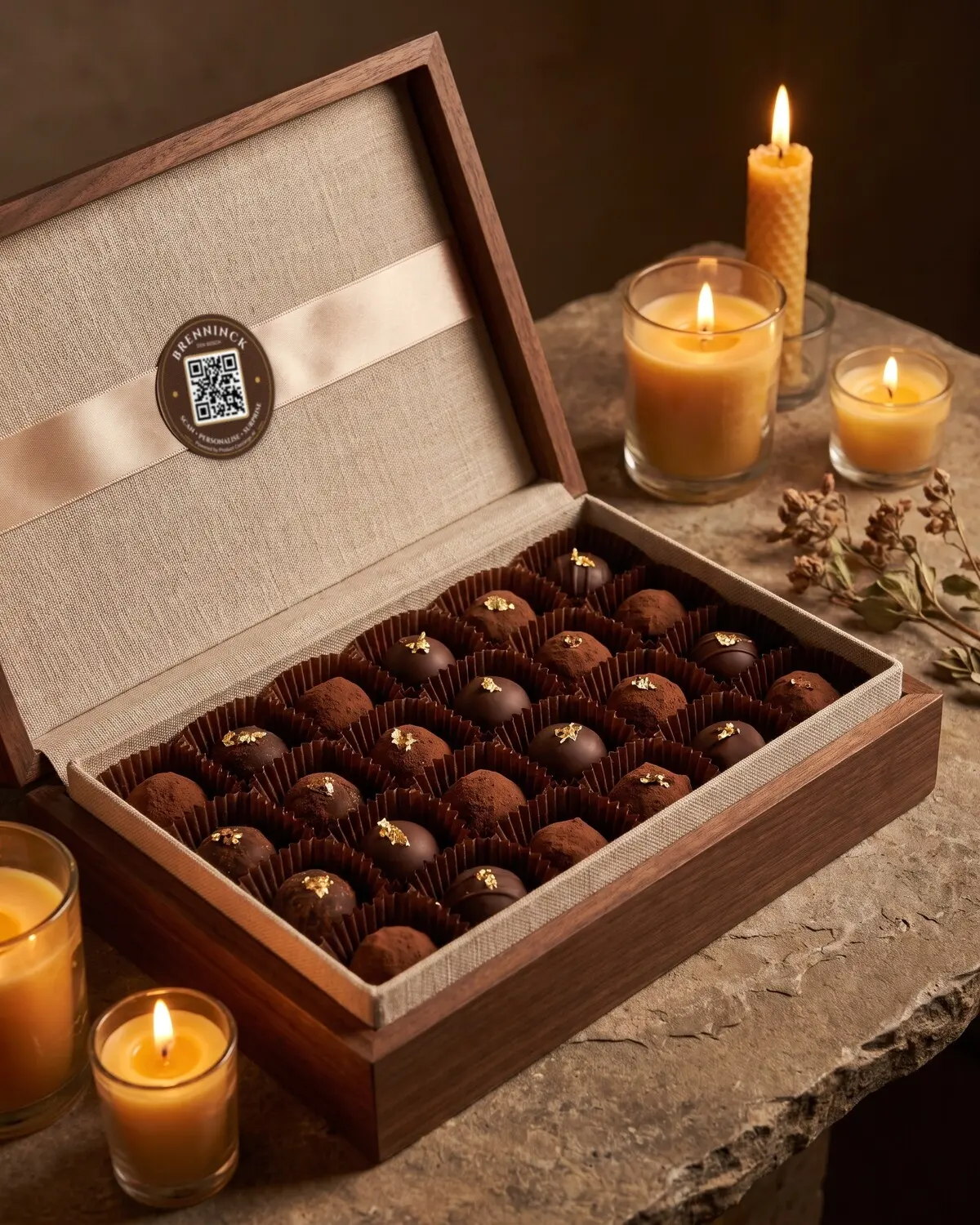 Een open doos bonbons met de QR-sticker van Brenninck