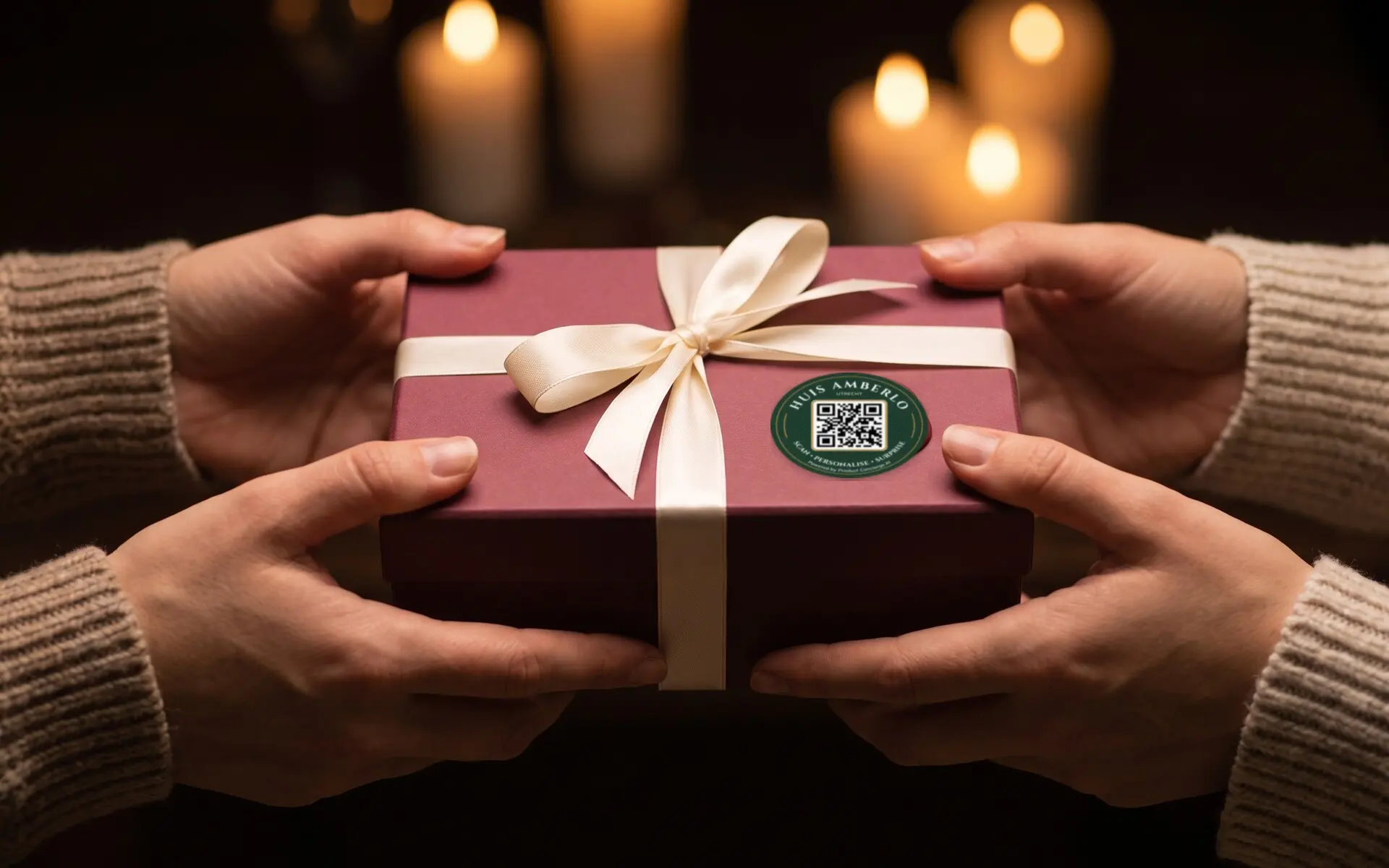 Twee paar handen geven een cadeau met lint en QR-sticker door