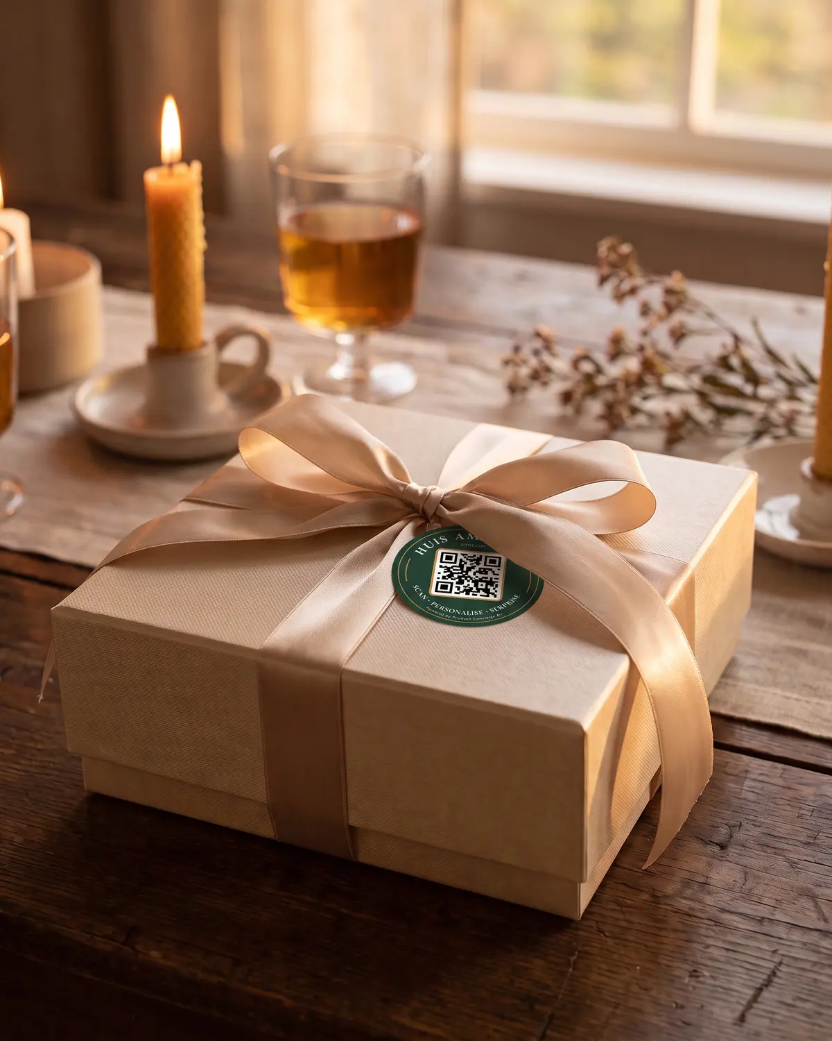 Een cadeaudoos met satijnen strik met de QR-sticker van Huis Amberlo