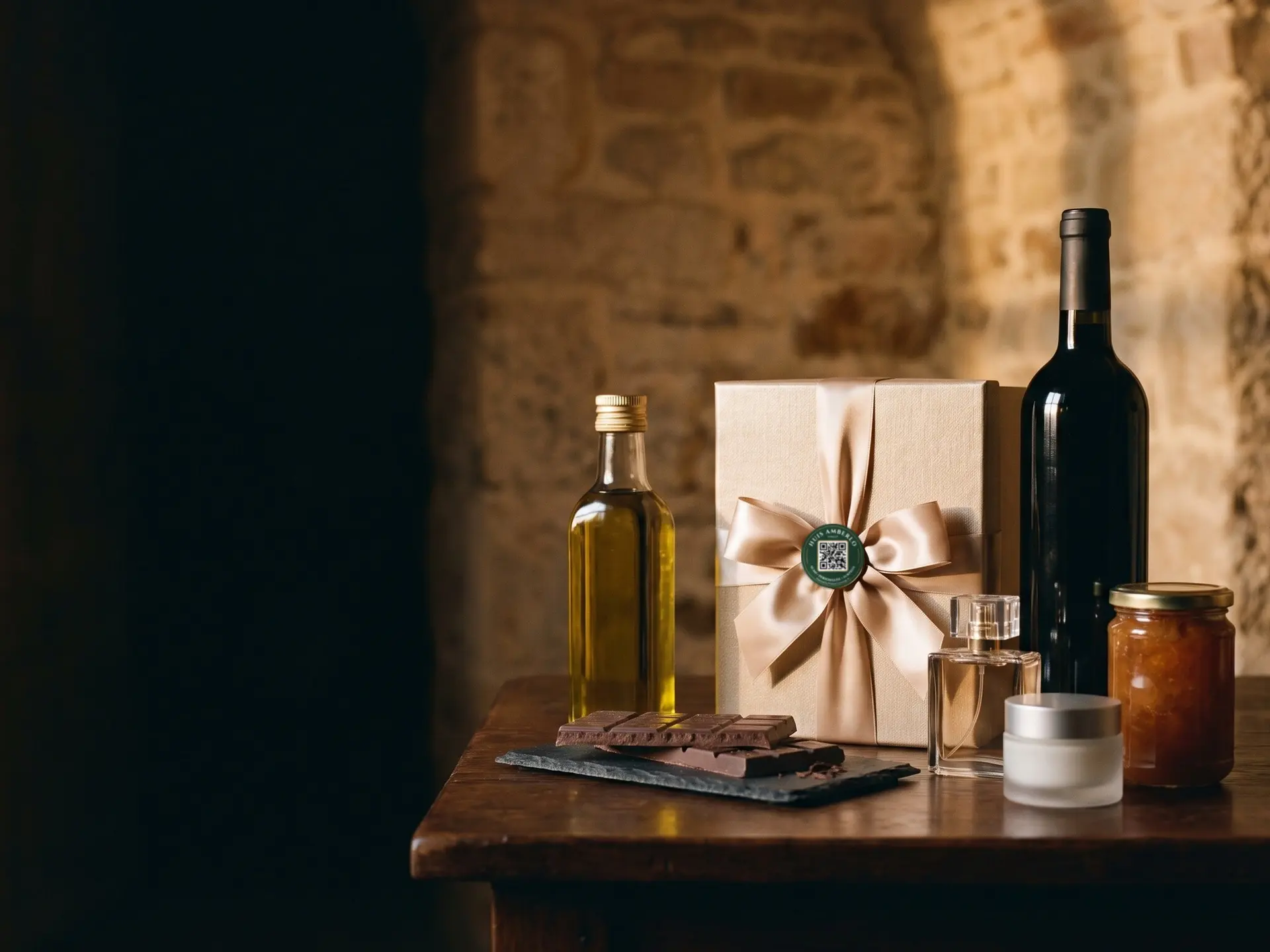 Wijn, olijfolie, chocolade en een ingepakt cadeau met QR-sticker bij kaarslicht