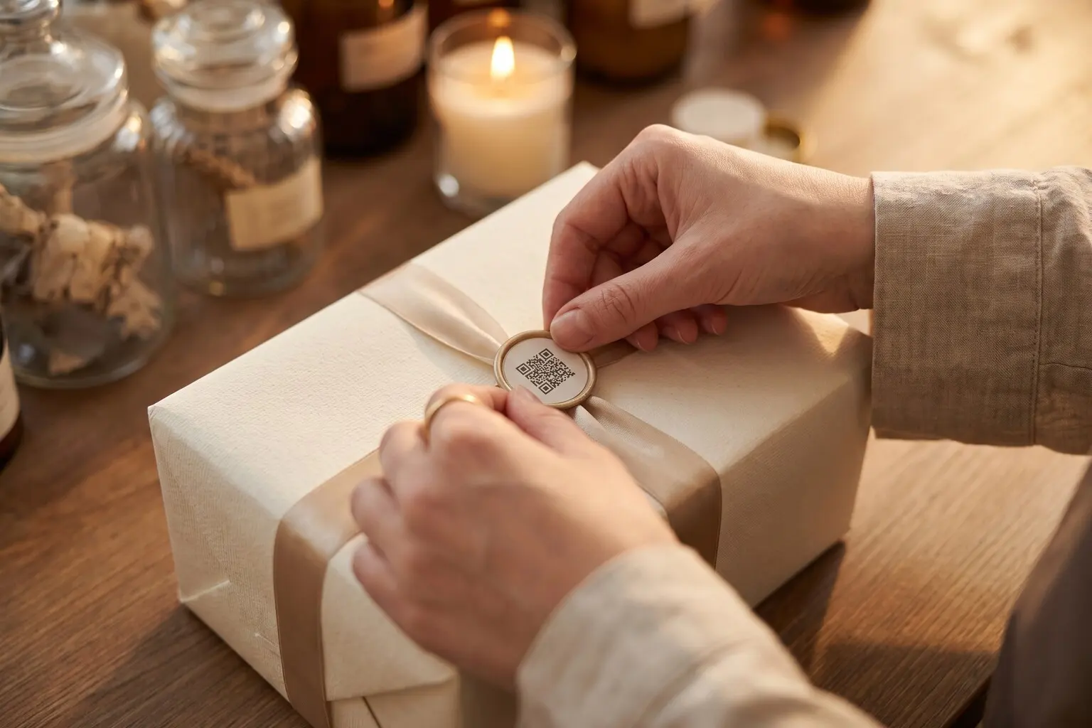 Handen plakken een ronde QR-sticker op een ingepakt cadeau