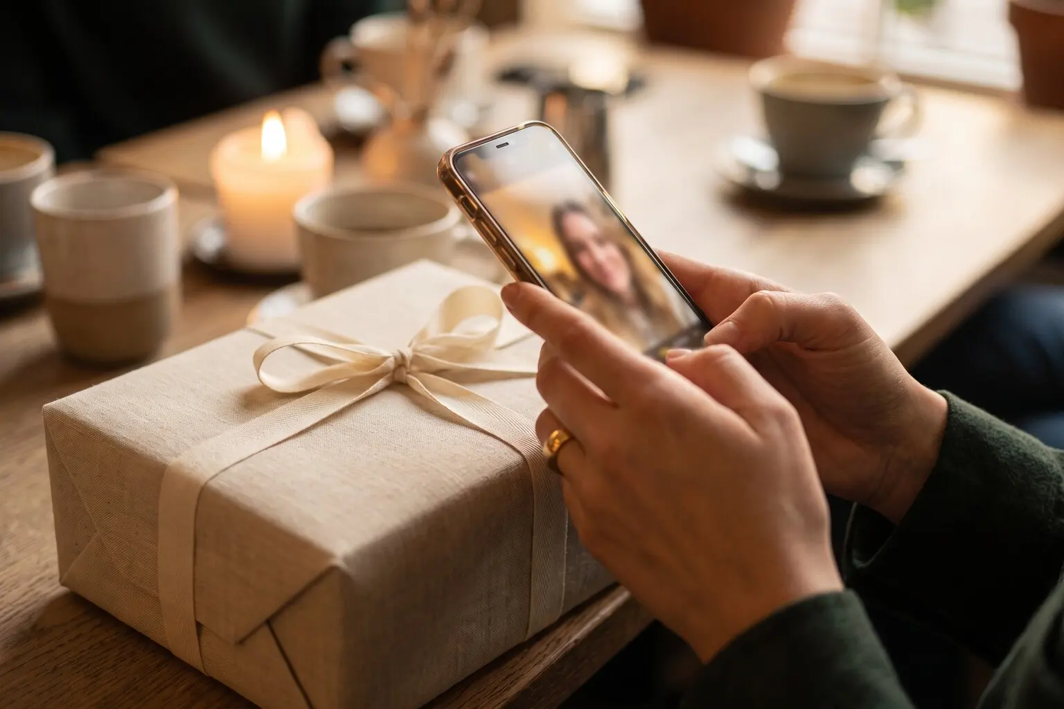Een telefoon boven een cadeau neemt een persoonlijke boodschap op