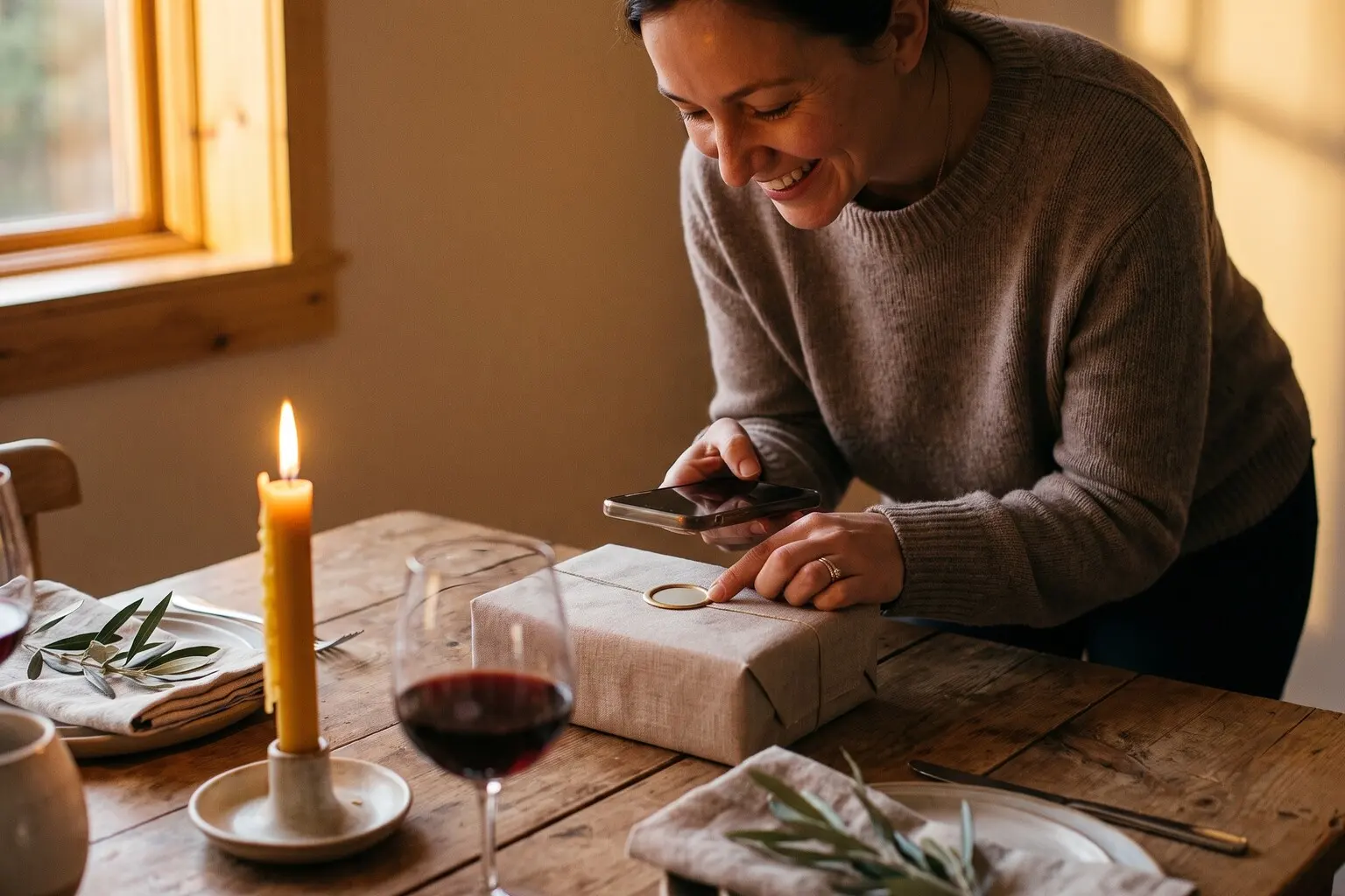 Een vrouw aan tafel scant lachend de sticker op haar cadeau